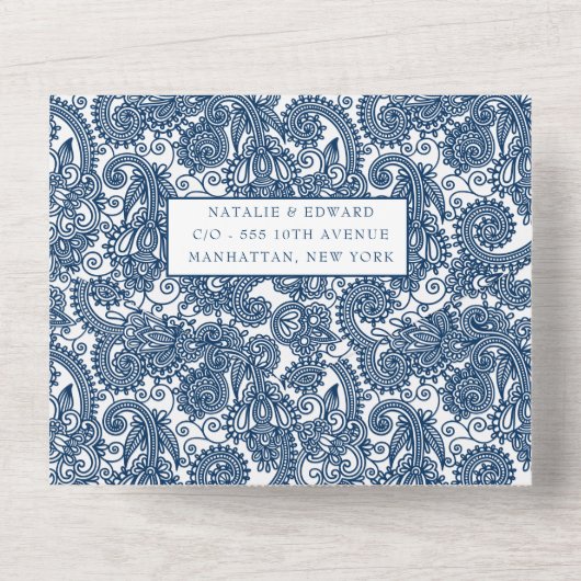Invitation Tout En Un Marine Blue Filigree Paisley Henné Mariage RSVP (Verso)