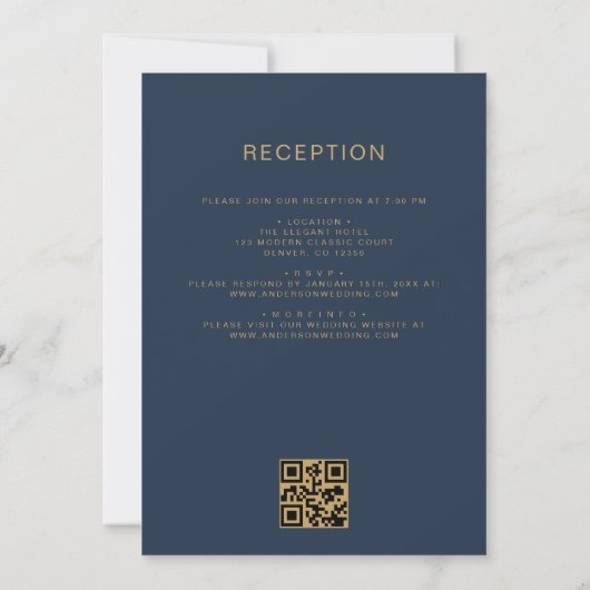 Invitation Tout en un Marine Blue Gold Mariage QR Code Script (Dos)