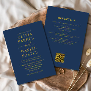 Invitation Tout en un Marine Blue Gold QR Code Mariage