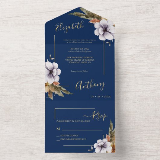 Invitation Tout En Un Marine Blue Gold Vert Aquarelle Mariage floral (À l'intérieur)