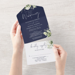 Invitation Tout En Un Marine Blue Green Détails Floral RSVP Mariage
