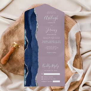 Invitation Tout En Un Marine Blue Silver Agate Mauve Mariage