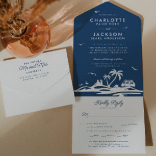 Invitation Tout En Un Marine Blue Tropical Beach bord de mer Boho RSVP M