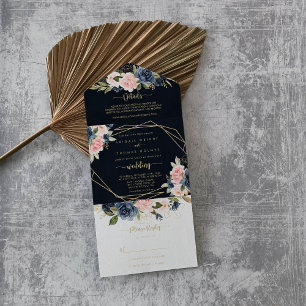 Invitation Tout En Un Marine Blush Floral Gold Mariage géométrique