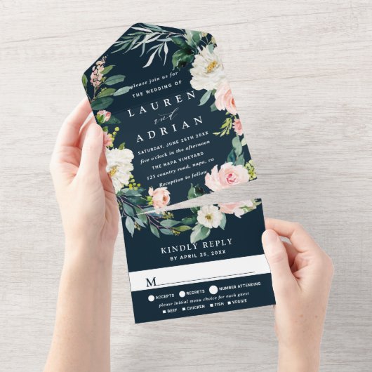 Invitation Tout En Un Marine Blush Floral Wreath Wedding (Déchirure)