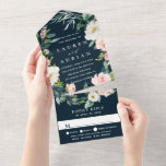 Invitation Tout En Un Marine Blush Floral Wreath Wedding<br><div class="desc">Cette carte tout en un comporte une couronne de fleurs d'aquarelle en rose et blanc roux avec feuillage vert sur un arrière - plan bleu marine, une invitation de mariage avec une carte postale rsvp pour vos invités à couper et renvoyer. Pour une personnalisation plus avancée de cette conception, cliquez...</div>