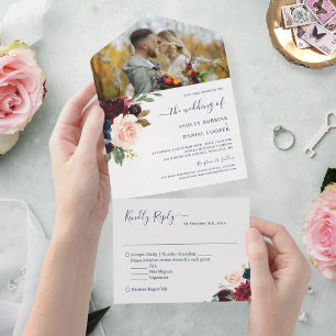 Invitation Tout En Un Marine Burgundy Botanique Floral Mariage Photo