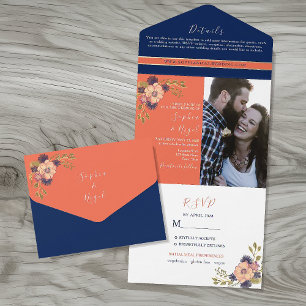 Invitation Tout En Un Marine Coral bleu Mariage photo