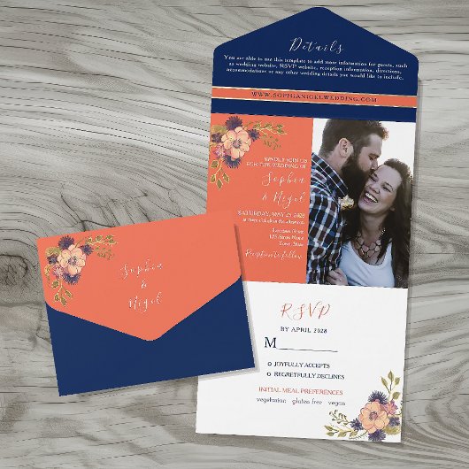Invitation Tout En Un Marine Coral bleu Mariage photo