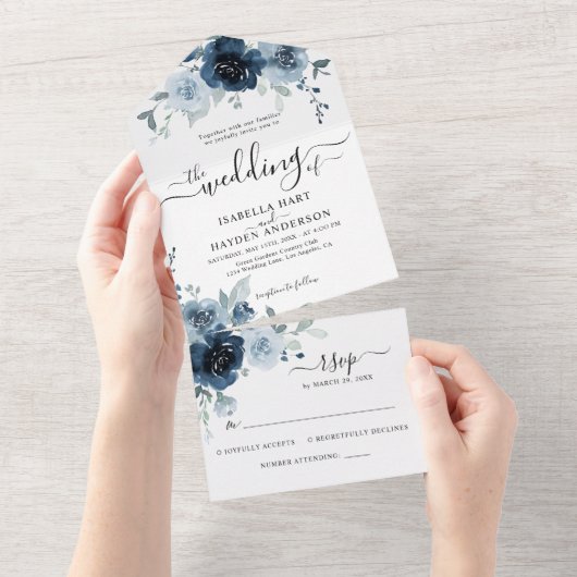 Invitation Tout En Un Marine Dusty Blue Flowers Mariage botanique RSVP T (Déchirure)