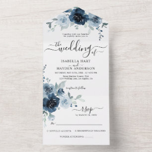 Invitation Tout En Un Marine Dusty Blue Flowers Mariage botanique RSVP T