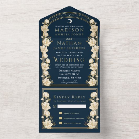 Invitation Tout En Un Marine Elegant Arc Art Nouveau Mariage (À l'intérieur)