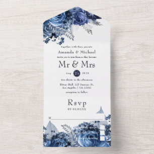 Invitation Tout En Un Marine et blanc avec Mariage Faux Foil argenté