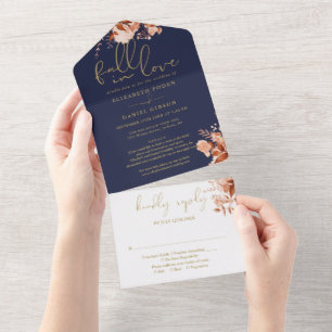 Invitation Tout En Un Marine Gold Fall In Love Floral Détails RSVP Maria