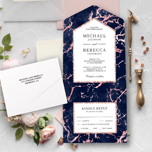 Invitation Tout En Un Marine Marbre bleu Faux Rose Gold Foil Mariage