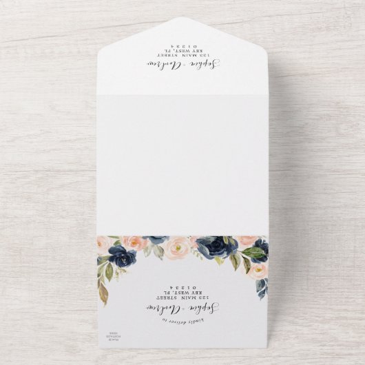 Invitation Tout En Un Marine Mariage bleu & rose Fleurs tout en un (Dehors)