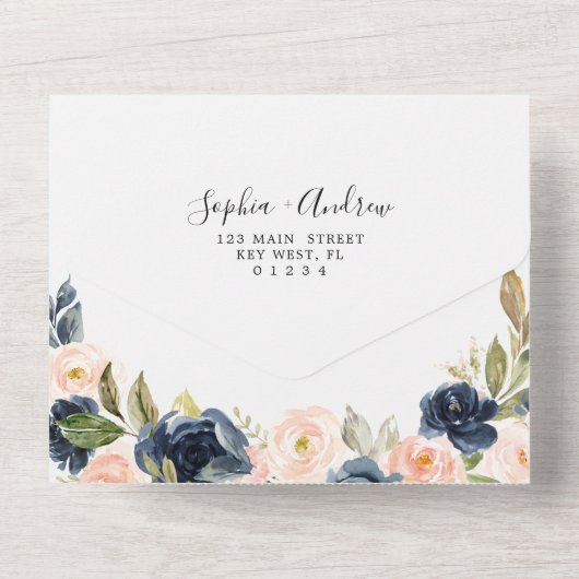 Invitation Tout En Un Marine Mariage bleu & rose Fleurs tout en un (Verso)