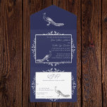 Invitation Tout En Un Marine Peacock S'épanouit Tout en un<br><div class="desc">Invités d'Invitations à votre prochain mariage avec une invitation à un mariage tout en un. Le design Invitation est orné d'un élégant paon orné de fioritures avec une carte de réponse perforée. Personnalisez avec les noms du marié et de la mariée ainsi que la date et l'emplacement du mariage. Papier...</div>