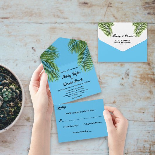 Invitation Tout En Un Marine Tropical Palm Blue Beach Destination Mariag