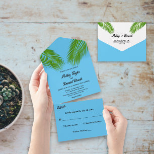 Invitation Tout En Un Marine Tropical Palm Leaf Blue Coastal Beach Maria