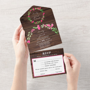 Invitation Tout En Un Marron foncé Bois rustique Rose Floral Campagne Ma