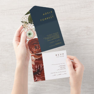 Invitation Tout En Un Marsala Automne Floral   Navy Seal et envoyer