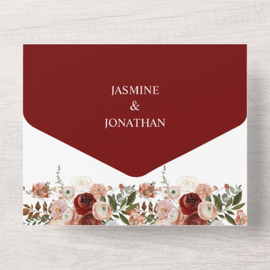 Invitation Tout En Un Marsala, Bourgogne, Rosé, Floral Automne Vert (Verso)