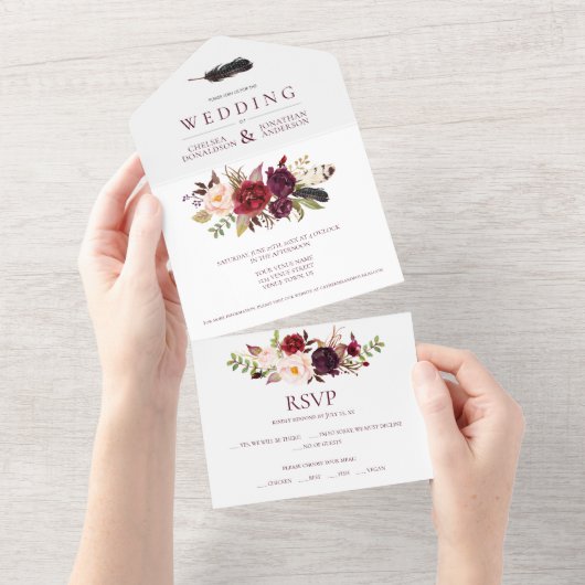 Invitation Tout En Un Marsala Bourgogne Rouge Bohème Floral | (Déchirure)