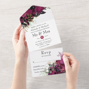 Invitation Tout En Un Marsala de Bourgogne vintage et Mariage d'or