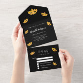 Invitation Tout En Un Mascarade anniversaire masque or noir RSVP (Déchirure)
