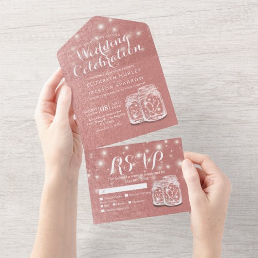 Invitation Tout En Un Mason Jar String Rose rose clair mariage or RSVP (Déchirure)