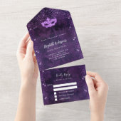 Invitation Tout En Un Masquerade fête anniversaire masque violet RSVP (Déchirure)