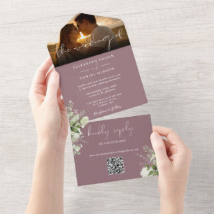 Invitation Tout En Un Mauve Floral Greenery QR Code Mariage Photo