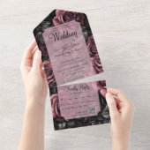 Invitation Tout En Un Mauve gothique, gris et Roses noirs avec code QR (Déchirure)