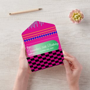 Invitation Tout En Un Maximalisme Anniversaire Coloré À damiers Floral