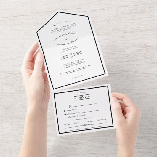 Invitation Tout En Un Menu classique Mariage noir blanc classique (Déchirure)