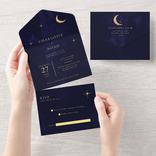 Invitation Tout En Un Midnight Blue Celestial Gold Moon Stars Mariage