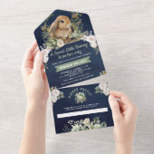Invitation Tout En Un Mignonne Lapin Sage Vert Floral Marine Baby shower (Déchirure)