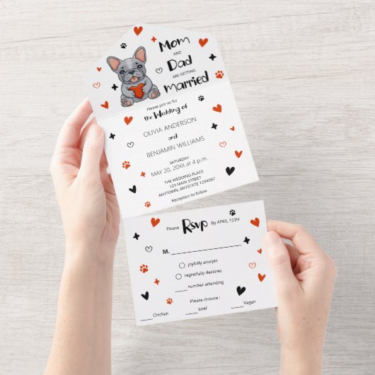 Invitation Tout En Un Mignonne Whimsical Français Bulldog Mariage (Déchirure)