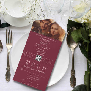 Invitation Tout En Un Mini-Bourgogne Blush Pink Photo Code QR E-mail
