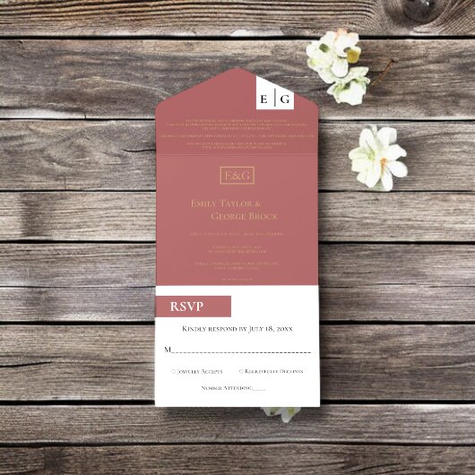 Invitation Tout En Un Mini Chic Bourgogne Gold Script Monogramme Mariage