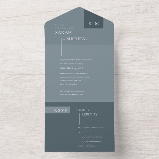INVITATION TOUT EN UN MINIMAL SCANDI DUSKY GRAY BLUE MONOGRAM MARIAGE (À l'intérieur)