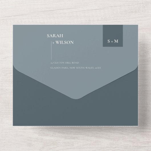 INVITATION TOUT EN UN MINIMAL SCANDI DUSKY GRAY BLUE MONOGRAM MARIAGE (Verso)