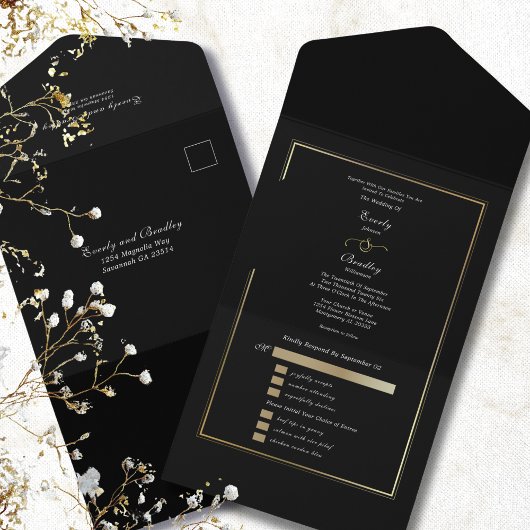 Invitation Tout En Un Minimalist Black Background Gold Frame Wedding