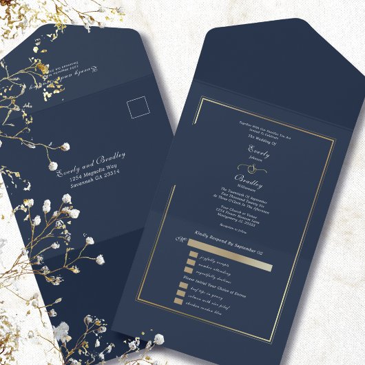 Invitation Tout En Un Minimalist Navy Background Gold Frame Wedding 