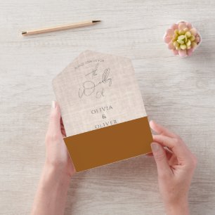 Invitation Tout En Un Minimalist terracotta faux linen QR code wedding