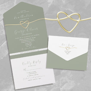 Invitation Tout En Un Minimaliste Cœur de Corde Vert Sauge Mariage