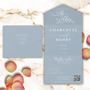Invitation Tout En Un Minimaliste élégant Dusty bleu QR Code Mariage