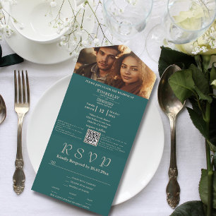 Invitation Tout En Un Minimaliste noir Turquoise ivoire photo QR Code E-