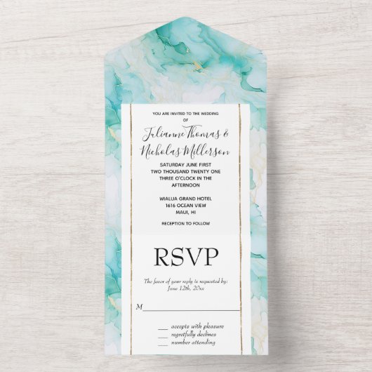 Invitation Tout En Un Mint Aqua Glam Elegant Marbre Or (À l'intérieur)